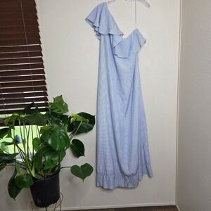 Banana Republic Maxi Dress Womens XL One Shoulder‎ Blue White Striped Ruffle